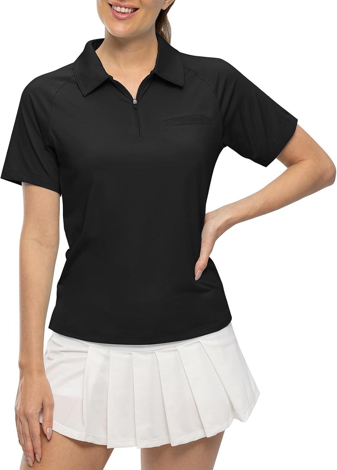 imageTBMPOY Womens Golf Polo Shirts Short Sleeve UPF 50 Dry Fit Athletic Tennis TShirts Zip Up Athletic Sports ShirtBlack
