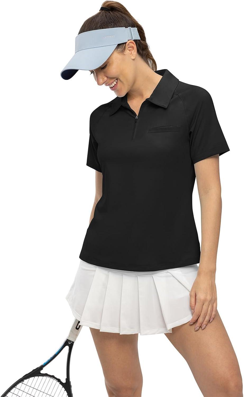 imageTBMPOY Womens Golf Polo Shirts Short Sleeve UPF 50 Dry Fit Athletic Tennis TShirts Zip Up Athletic Sports ShirtBlack