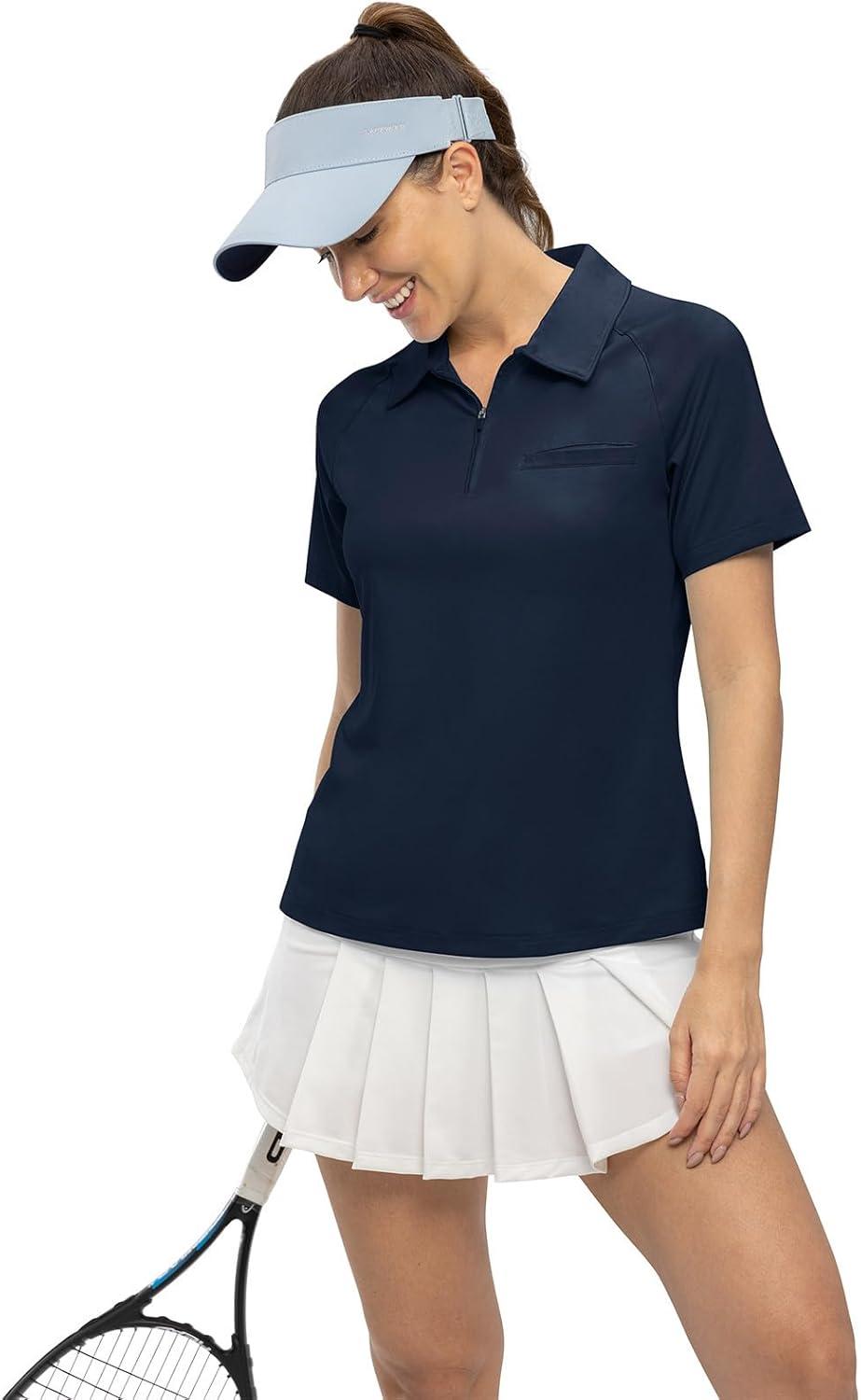 imageTBMPOY Womens Golf Polo Shirts Short Sleeve UPF 50 Dry Fit Athletic Tennis TShirts Zip Up Athletic Sports ShirtNavy