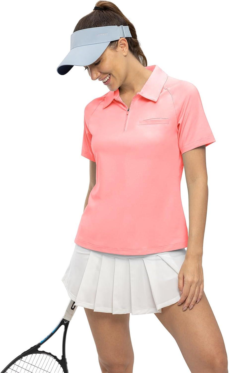 imageTBMPOY Womens Golf Polo Shirts Short Sleeve UPF 50 Dry Fit Athletic Tennis TShirts Zip Up Athletic Sports ShirtPink