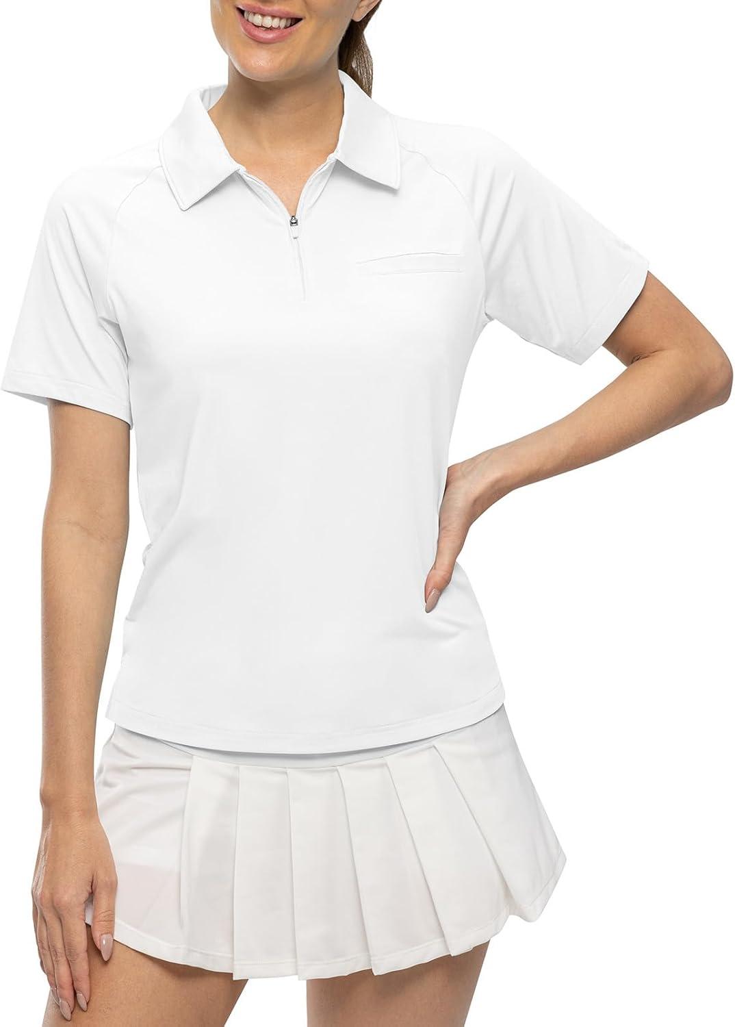 imageTBMPOY Womens Golf Polo Shirts Short Sleeve UPF 50 Dry Fit Athletic Tennis TShirts Zip Up Athletic Sports ShirtWhite
