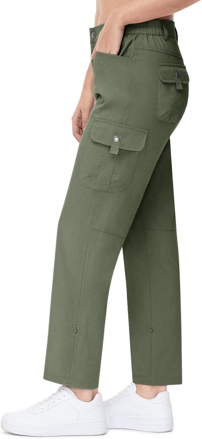 imageTBMPOY Womens Hiking Pants Quick Dry Convertible Lightweight Roll Up Cargo Pockets Travel Essentials Waterproof WorkArmy Green