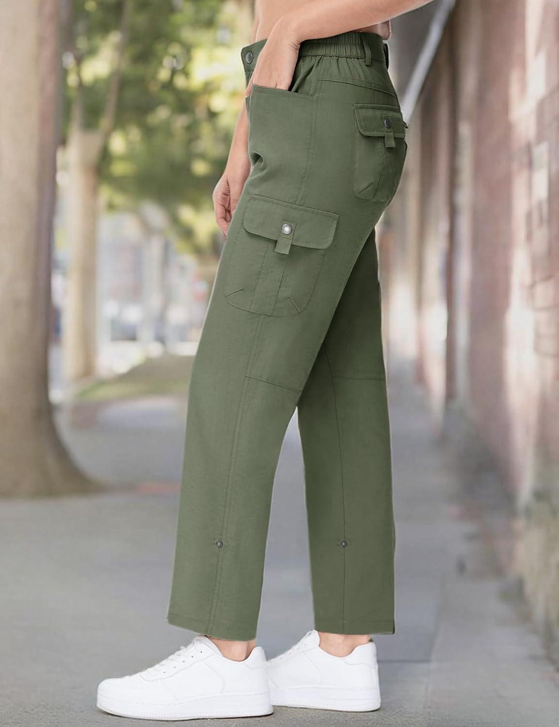 imageTBMPOY Womens Hiking Pants Quick Dry Convertible Lightweight Roll Up Cargo Pockets Travel Essentials Waterproof WorkArmy Green
