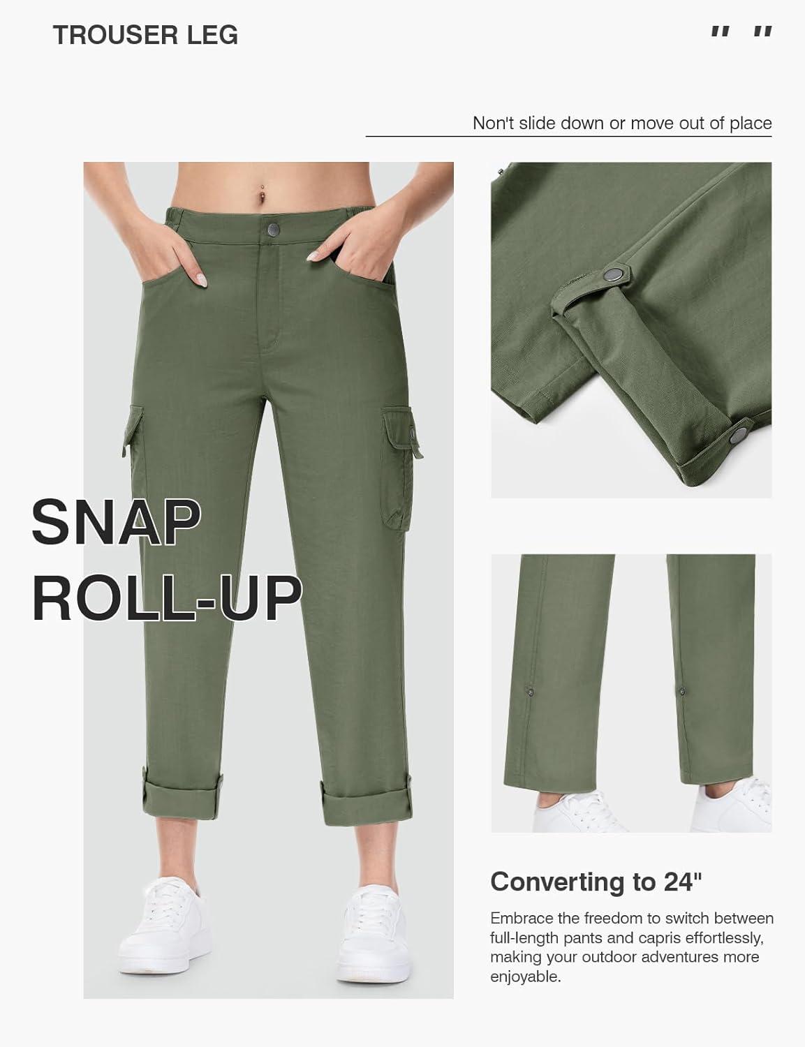 imageTBMPOY Womens Hiking Pants Quick Dry Convertible Lightweight Roll Up Cargo Pockets Travel Essentials Waterproof WorkArmy Green
