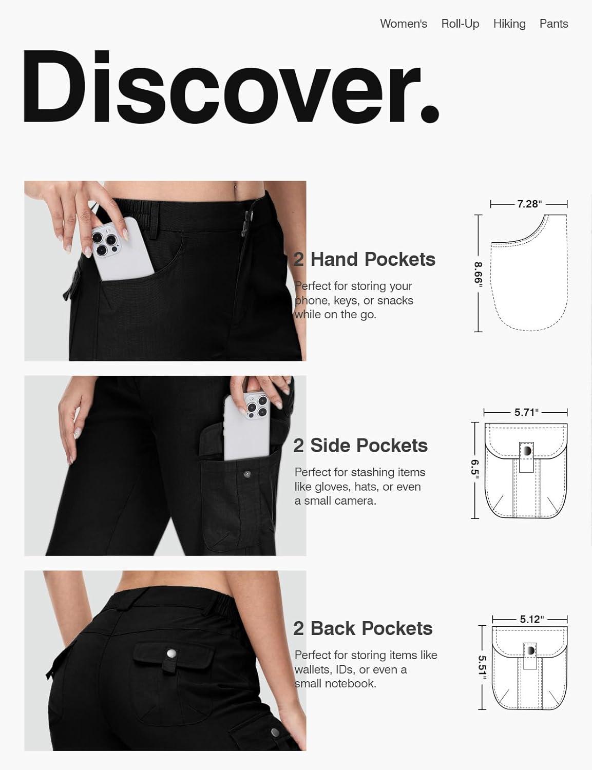 imageTBMPOY Womens Hiking Pants Quick Dry Convertible Lightweight Roll Up Cargo Pockets Travel Essentials Waterproof WorkBlack