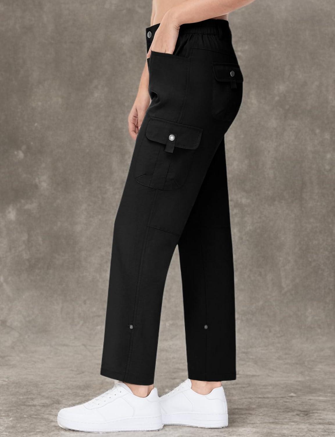 imageTBMPOY Womens Hiking Pants Quick Dry Convertible Lightweight Roll Up Cargo Pockets Travel Essentials Waterproof WorkBlack