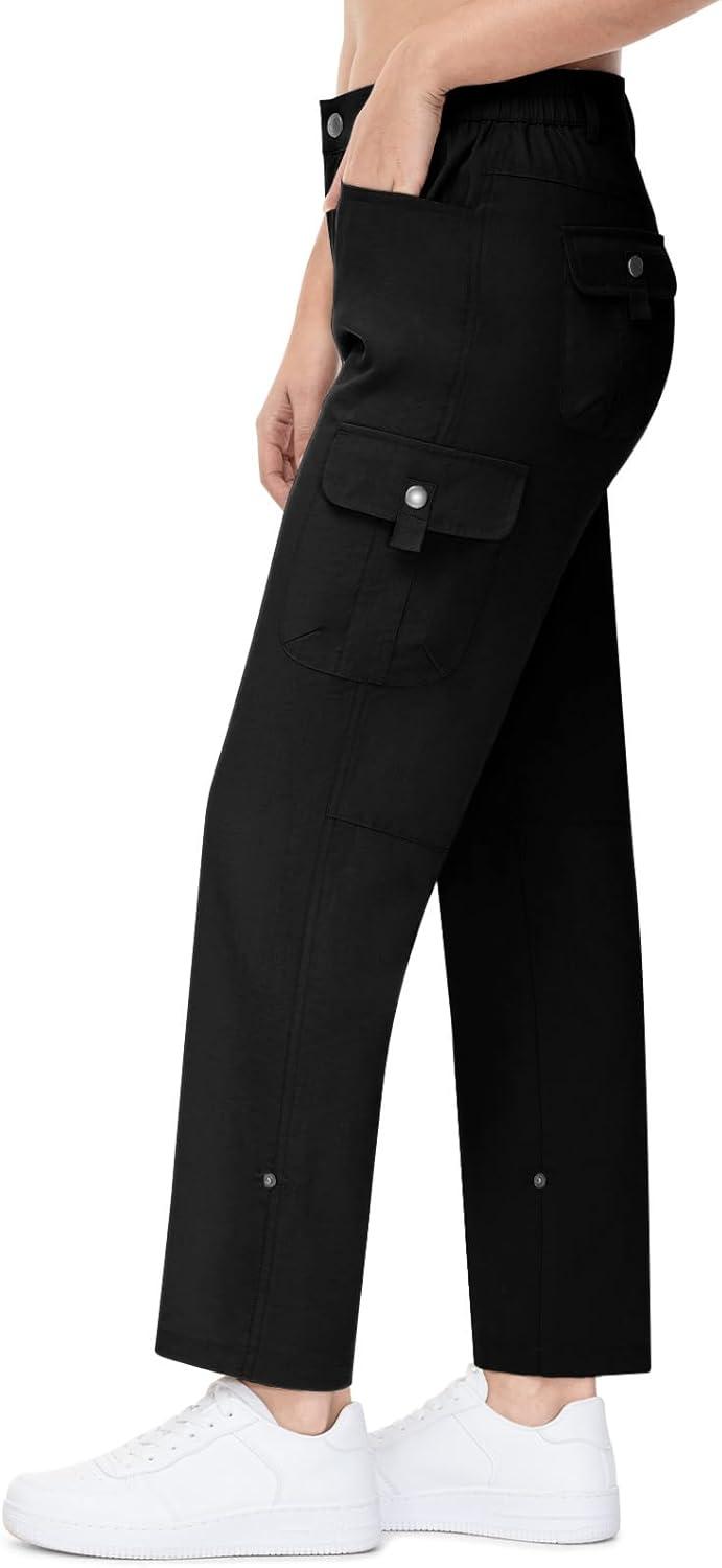 imageTBMPOY Womens Hiking Pants Quick Dry Convertible Lightweight Roll Up Cargo Pockets Travel Essentials Waterproof WorkBlack