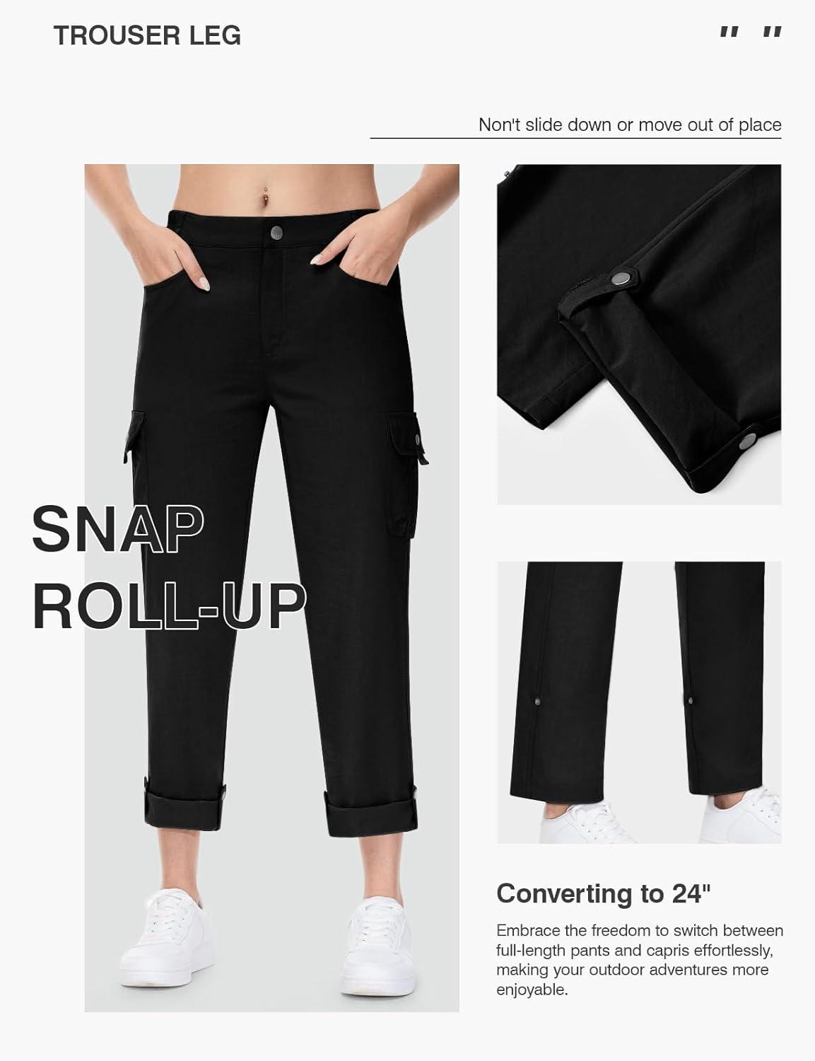 imageTBMPOY Womens Hiking Pants Quick Dry Convertible Lightweight Roll Up Cargo Pockets Travel Essentials Waterproof WorkBlack
