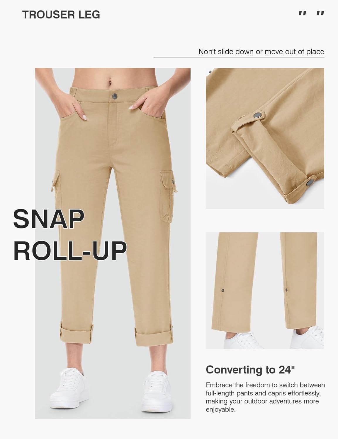 imageTBMPOY Womens Hiking Pants Quick Dry Convertible Lightweight Roll Up Cargo Pockets Travel Essentials Waterproof WorkKhaki