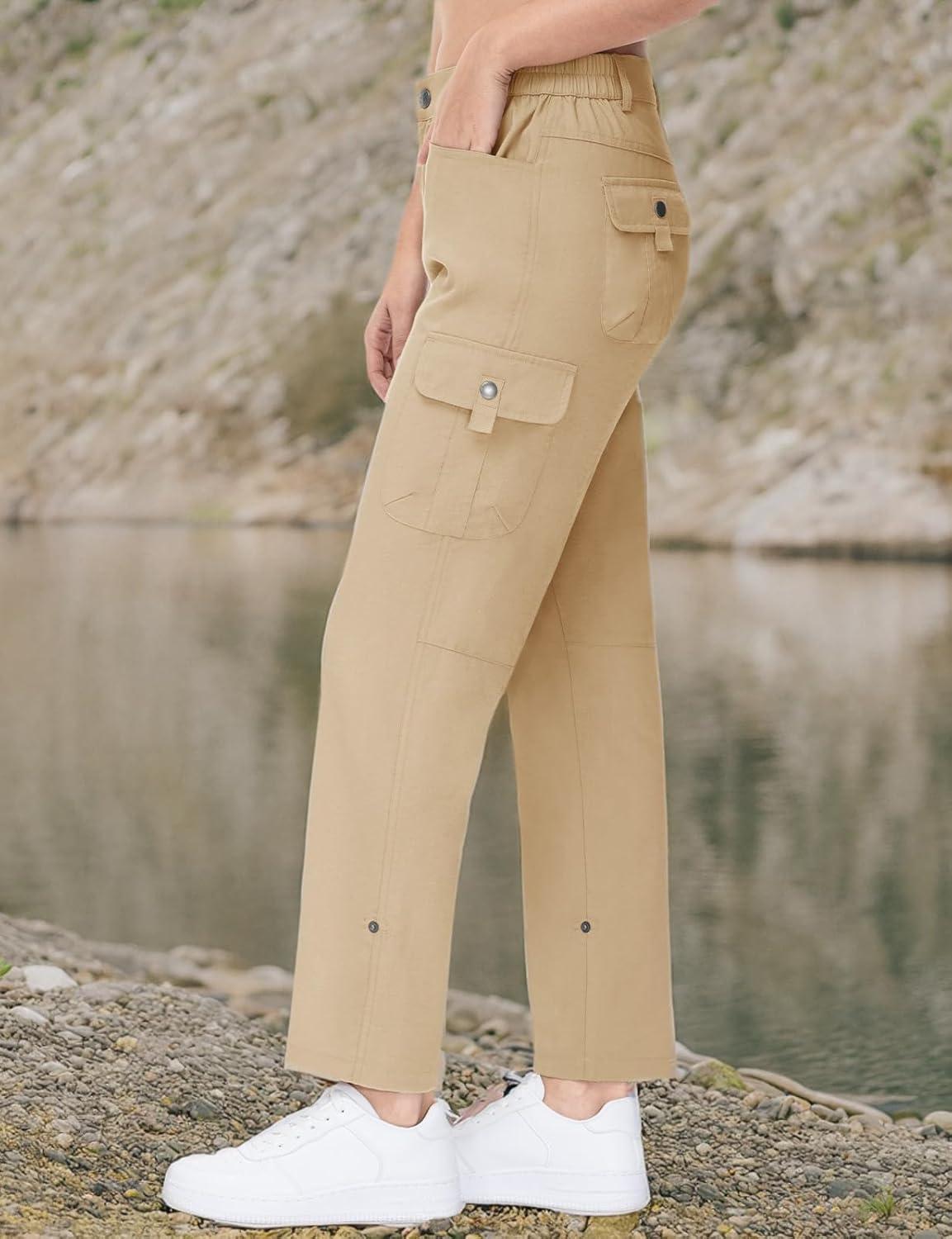 imageTBMPOY Womens Hiking Pants Quick Dry Convertible Lightweight Roll Up Cargo Pockets Travel Essentials Waterproof WorkKhaki
