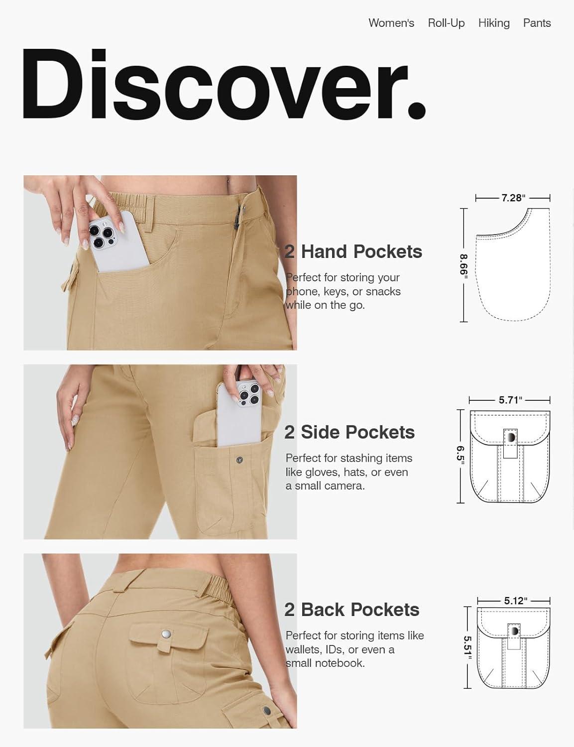 imageTBMPOY Womens Hiking Pants Quick Dry Convertible Lightweight Roll Up Cargo Pockets Travel Essentials Waterproof WorkKhaki