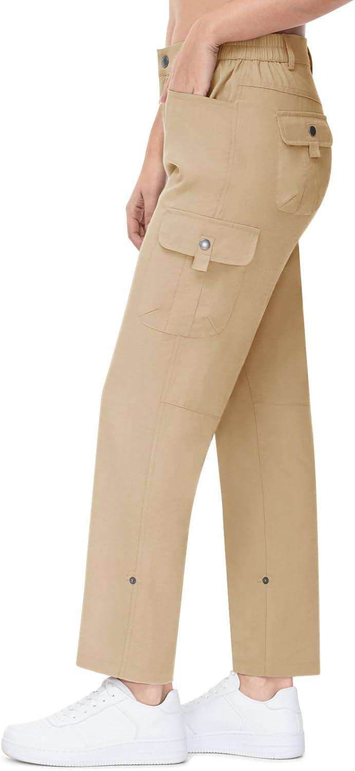 imageTBMPOY Womens Hiking Pants Quick Dry Convertible Lightweight Roll Up Cargo Pockets Travel Essentials Waterproof WorkKhaki
