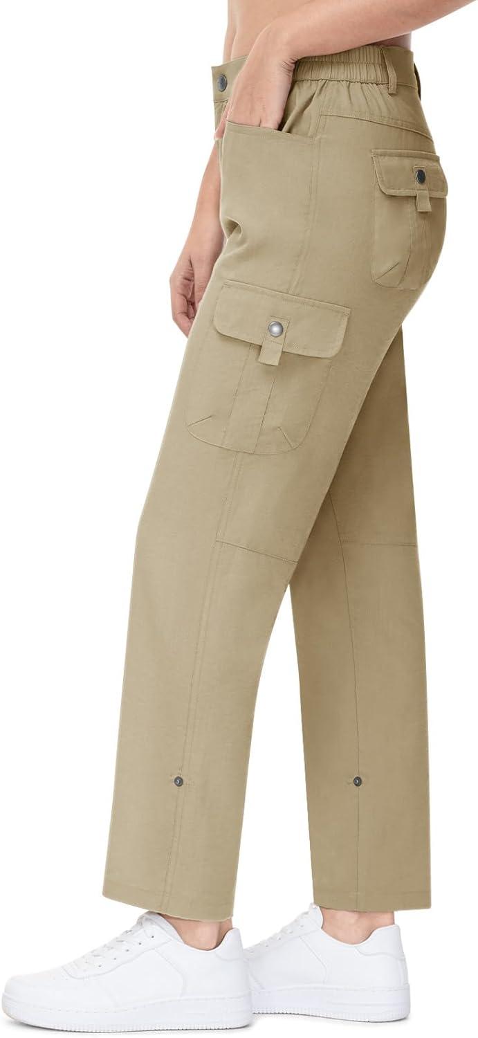 imageTBMPOY Womens Hiking Pants Quick Dry Convertible Lightweight Roll Up Cargo Pockets Travel Essentials Waterproof WorkLight Khaki
