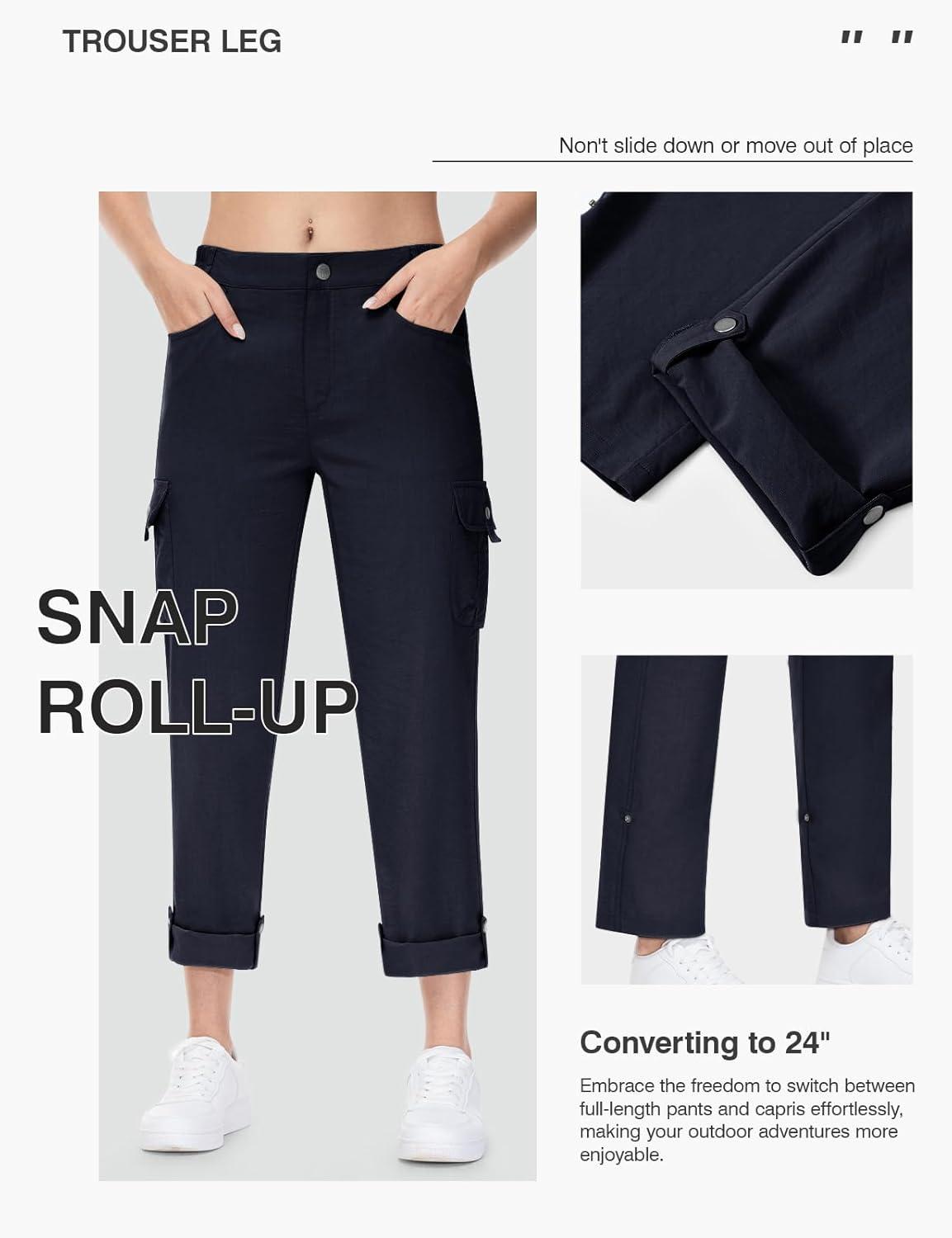 imageTBMPOY Womens Hiking Pants Quick Dry Convertible Lightweight Roll Up Cargo Pockets Travel Essentials Waterproof WorkNavy Blue