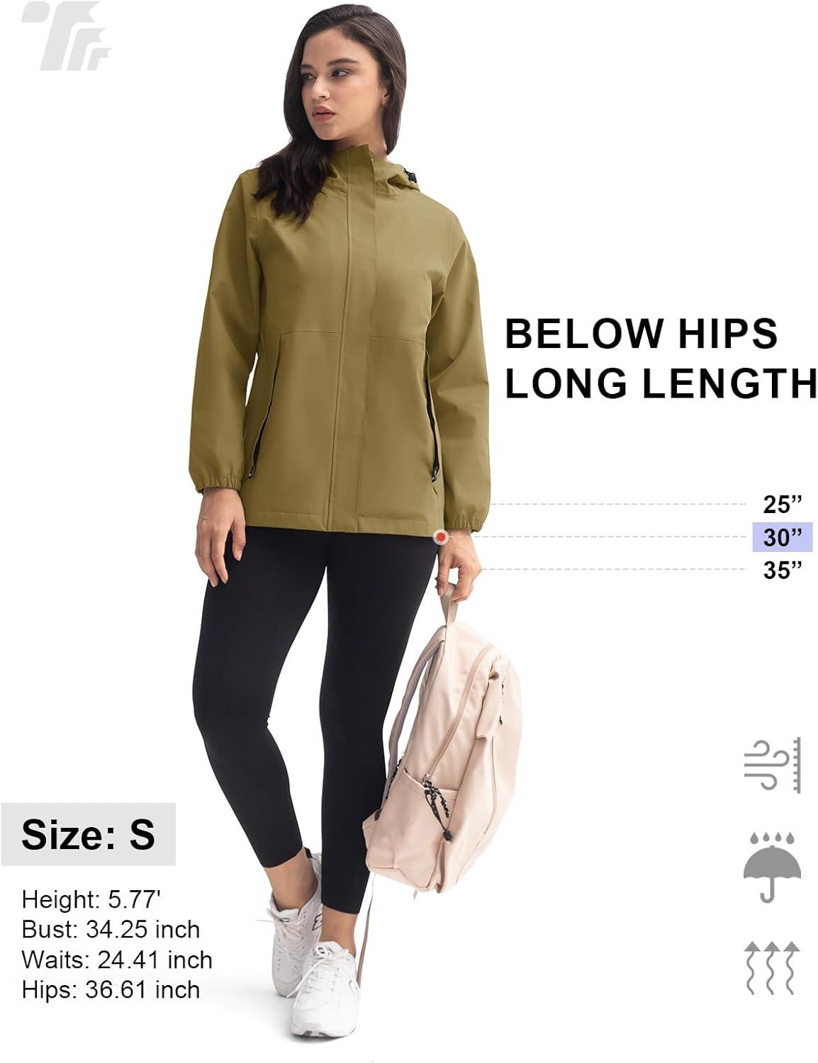 imageTBMPOY Womens Lightweight Rain Long Jackets Packable with Hooded Outdoor Hiking Waterproof Windbreaker Raincoats TravelArmy Green