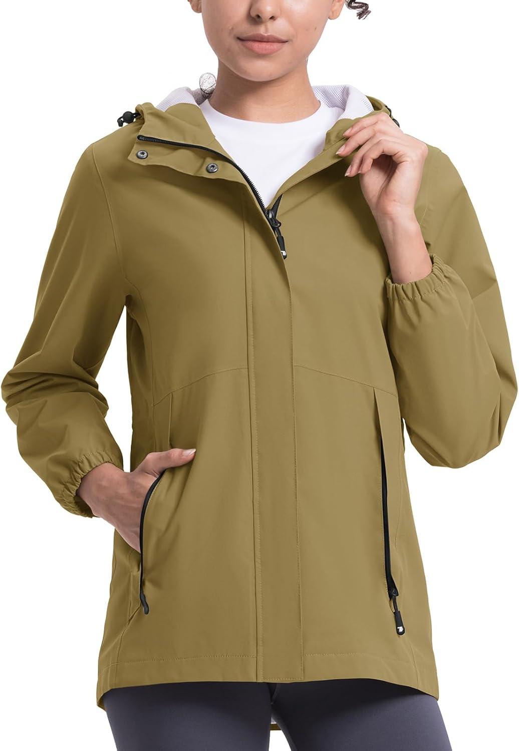 imageTBMPOY Womens Lightweight Rain Long Jackets Packable with Hooded Outdoor Hiking Waterproof Windbreaker Raincoats TravelArmy Green