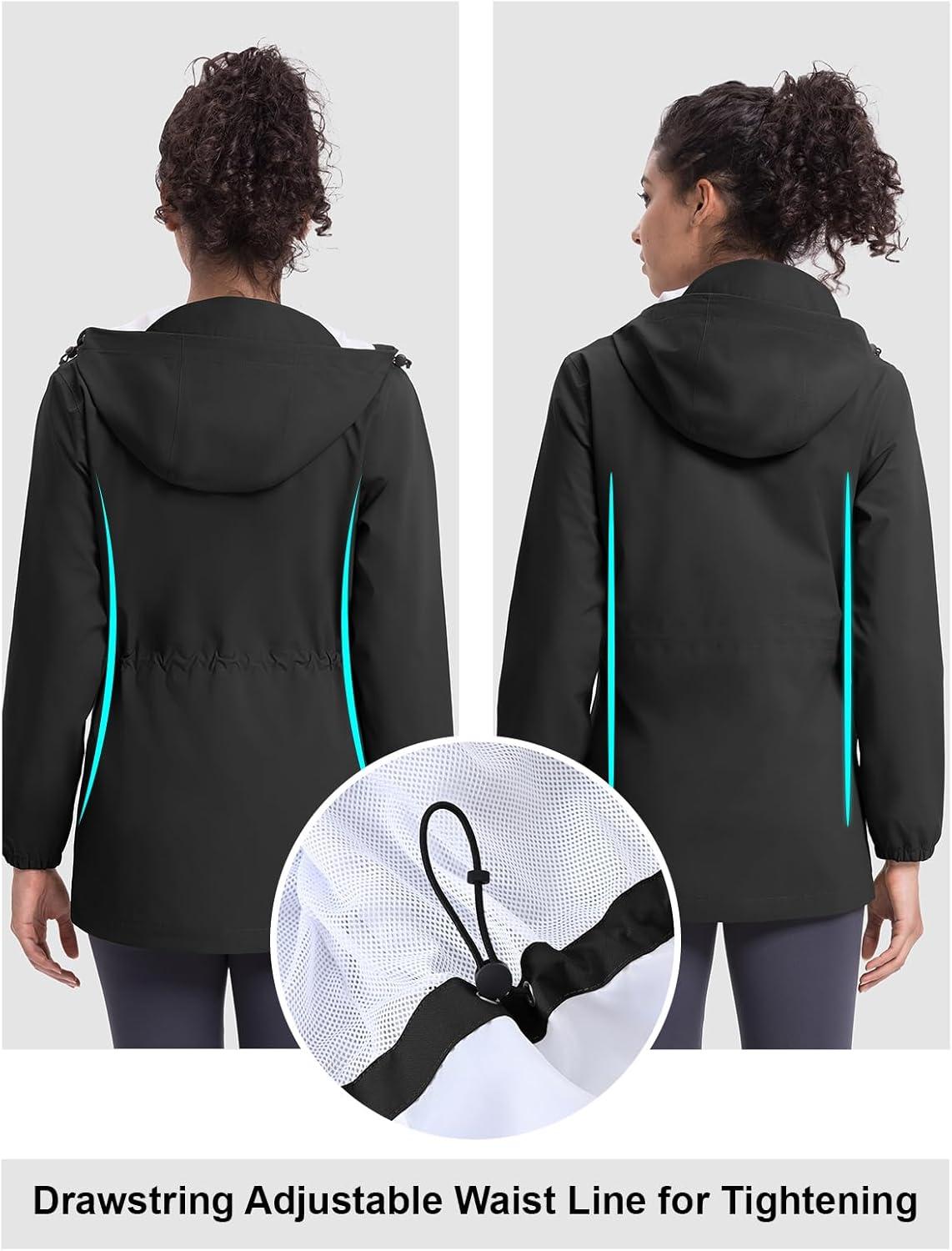 imageTBMPOY Womens Lightweight Rain Long Jackets Packable with Hooded Outdoor Hiking Waterproof Windbreaker Raincoats TravelBlack