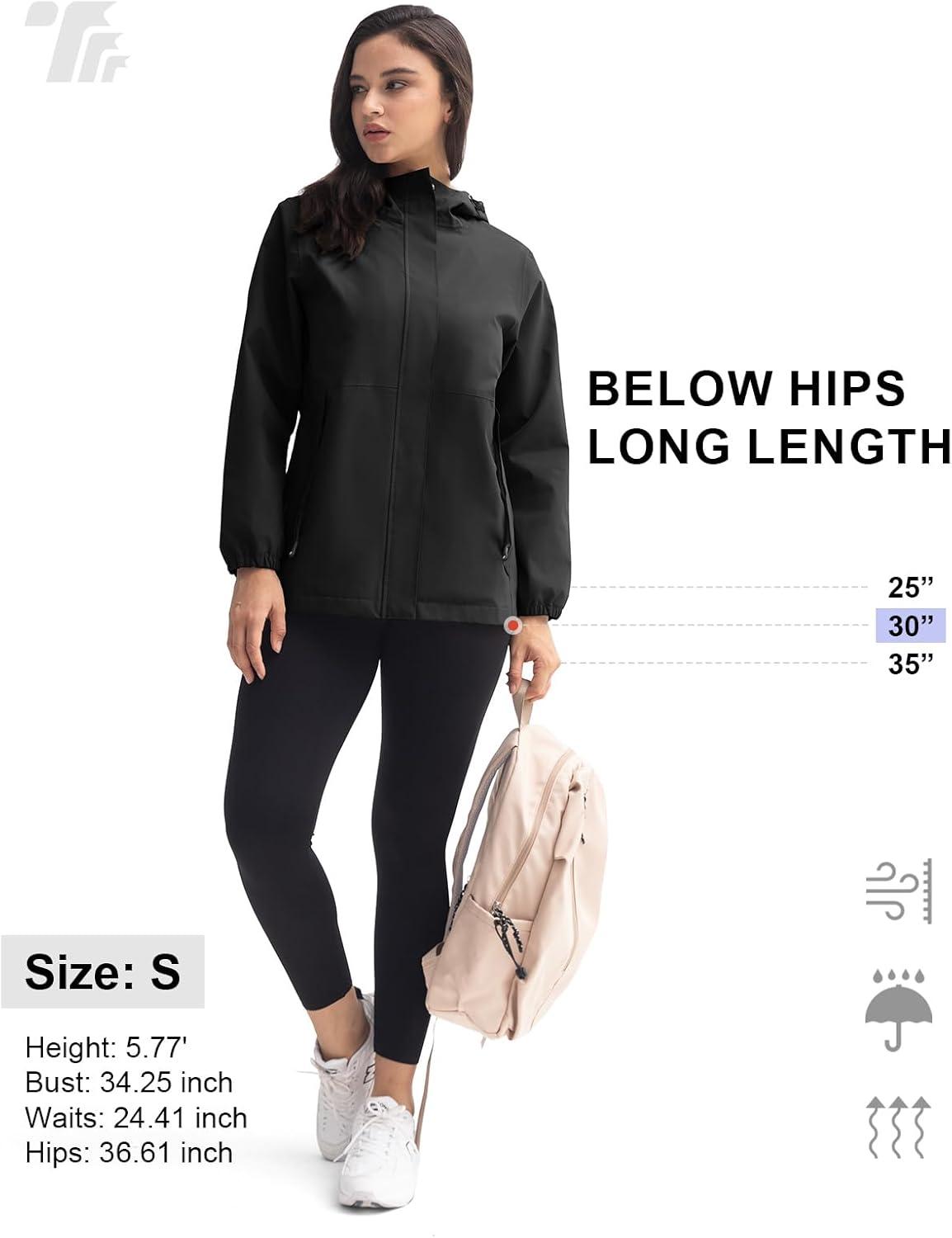 imageTBMPOY Womens Lightweight Rain Long Jackets Packable with Hooded Outdoor Hiking Waterproof Windbreaker Raincoats TravelBlack