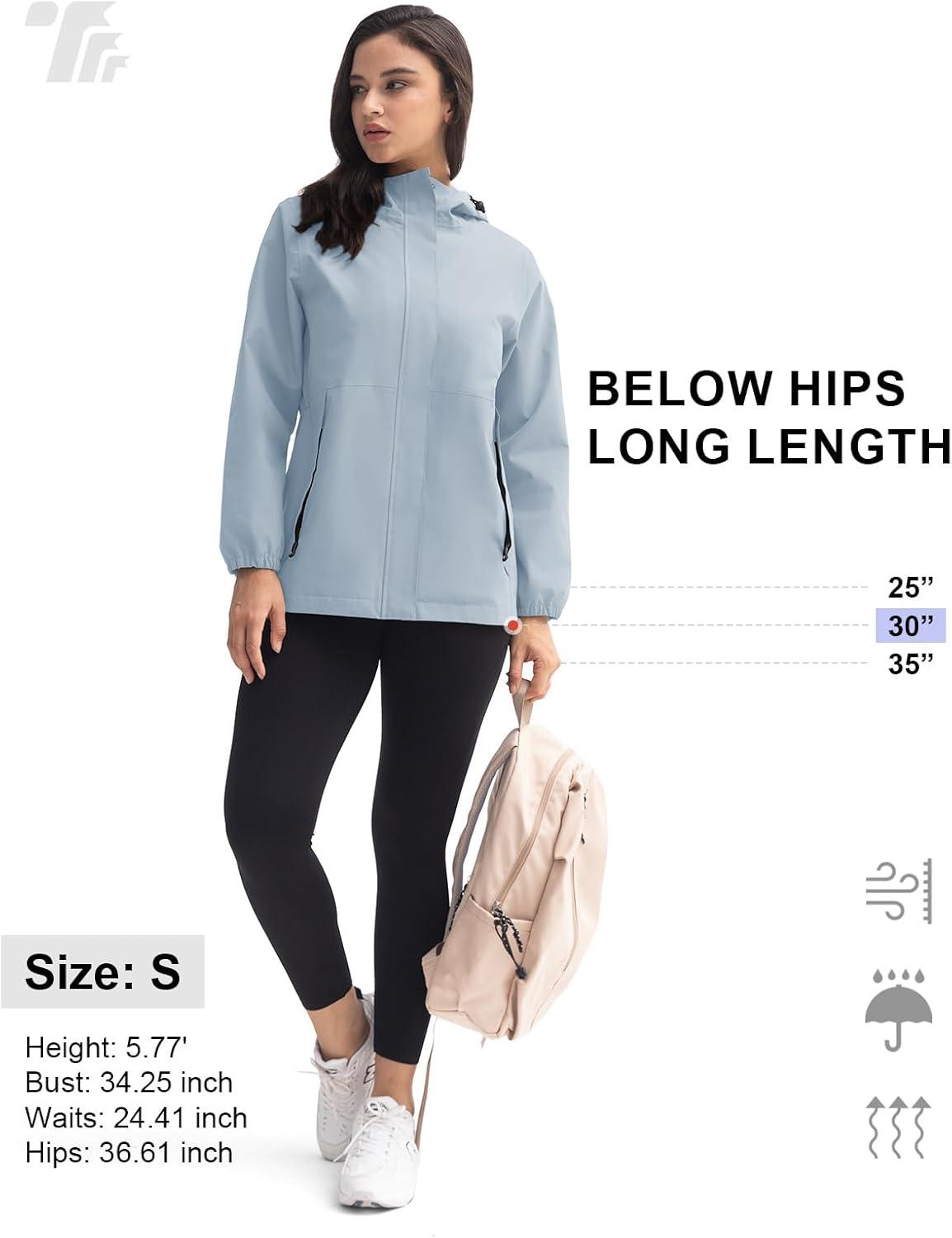imageTBMPOY Womens Lightweight Rain Long Jackets Packable with Hooded Outdoor Hiking Waterproof Windbreaker Raincoats TravelLight Blue