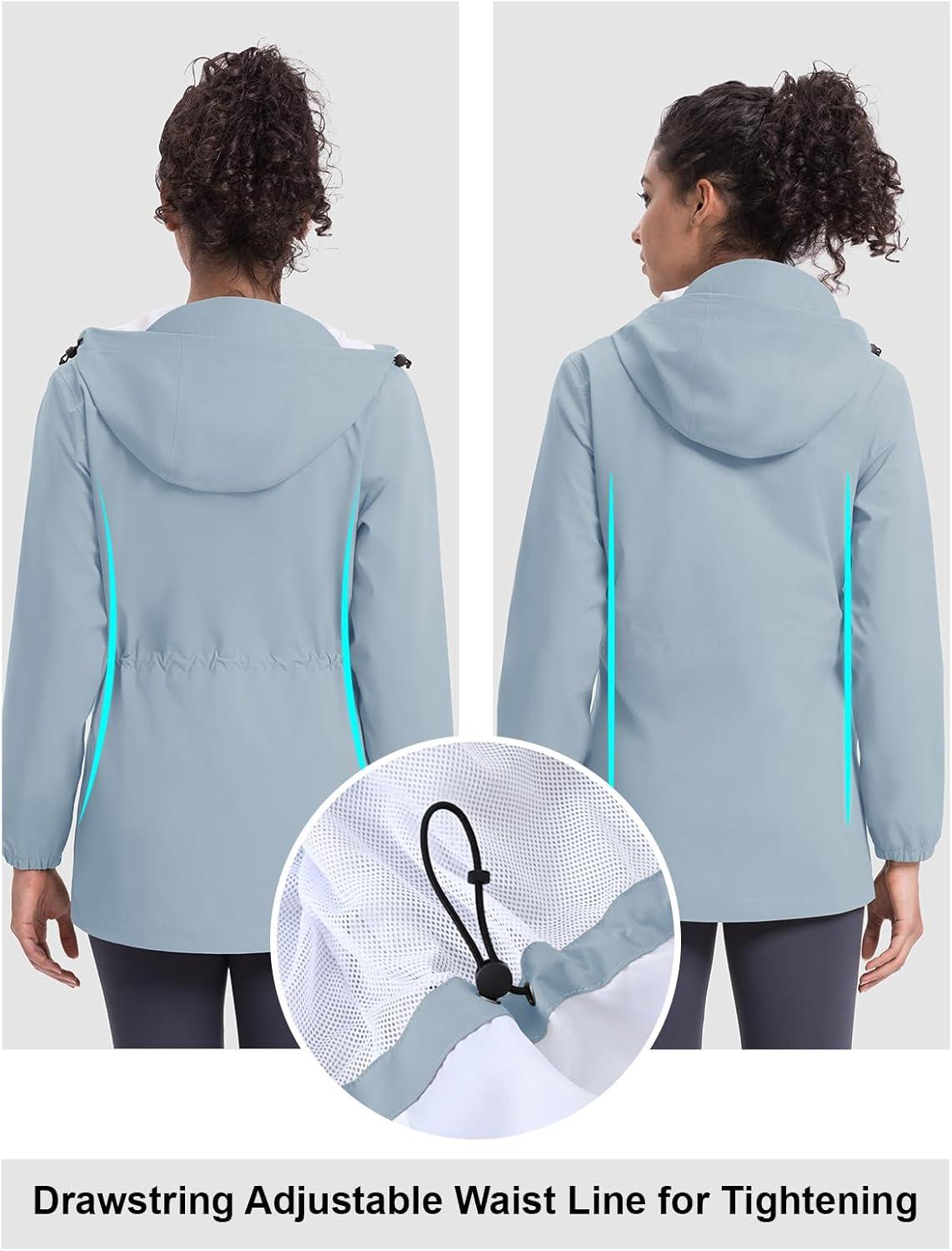 imageTBMPOY Womens Lightweight Rain Long Jackets Packable with Hooded Outdoor Hiking Waterproof Windbreaker Raincoats TravelLight Blue
