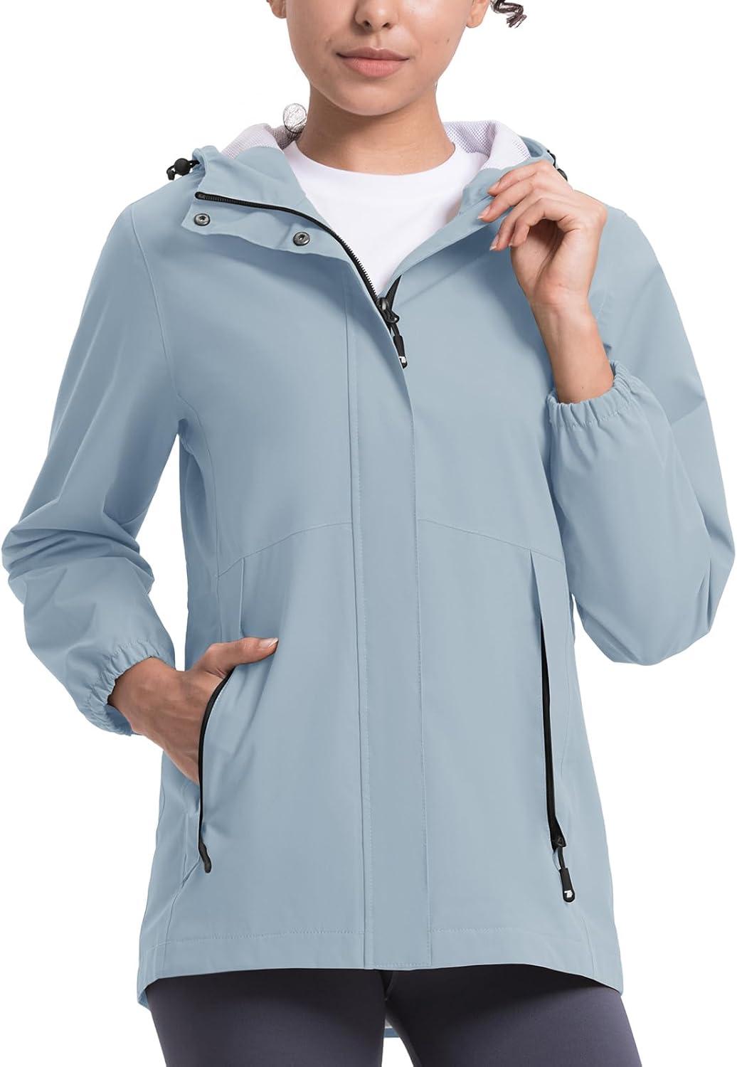 imageTBMPOY Womens Lightweight Rain Long Jackets Packable with Hooded Outdoor Hiking Waterproof Windbreaker Raincoats TravelLight Blue