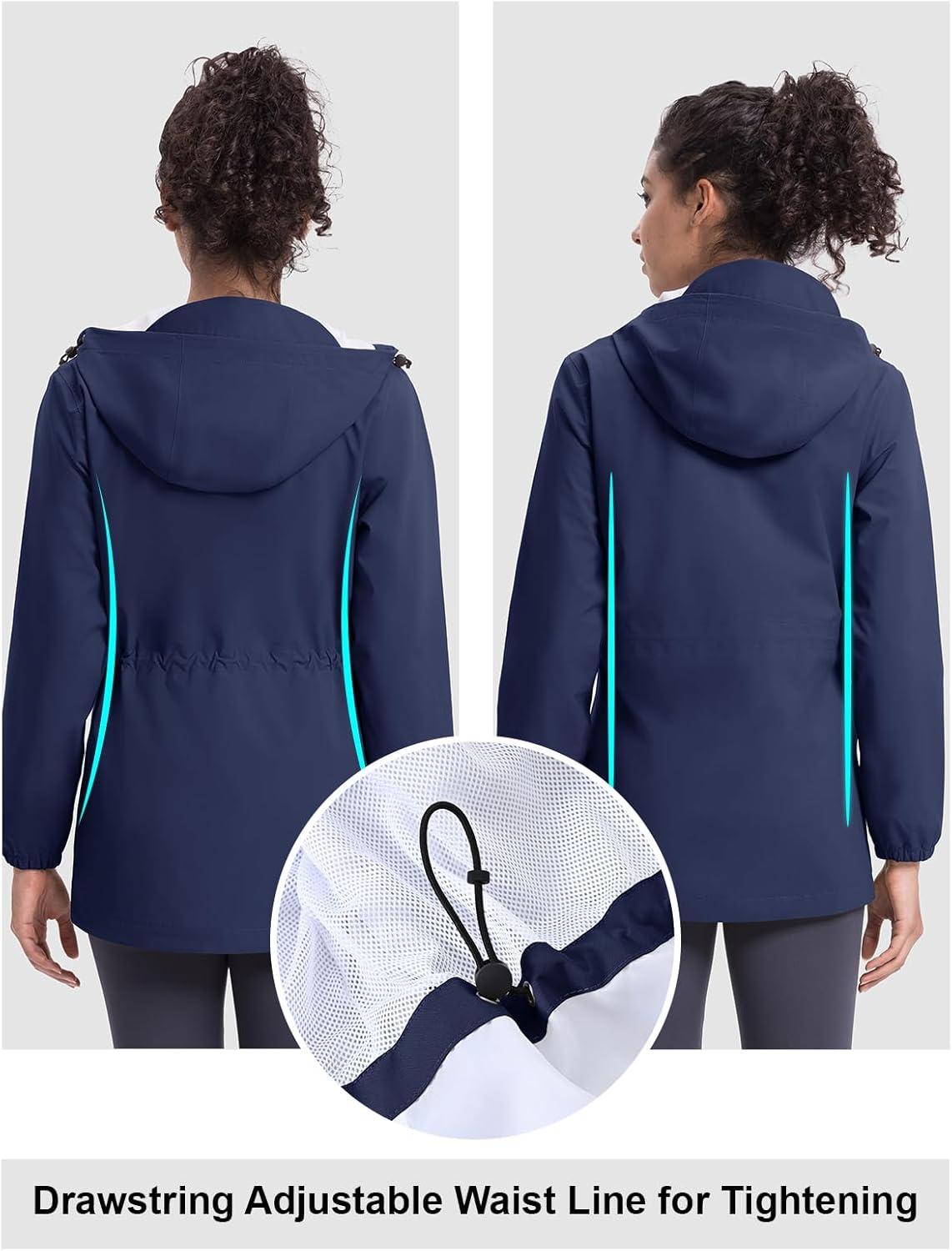 imageTBMPOY Womens Lightweight Rain Long Jackets Packable with Hooded Outdoor Hiking Waterproof Windbreaker Raincoats TravelNavy Blue