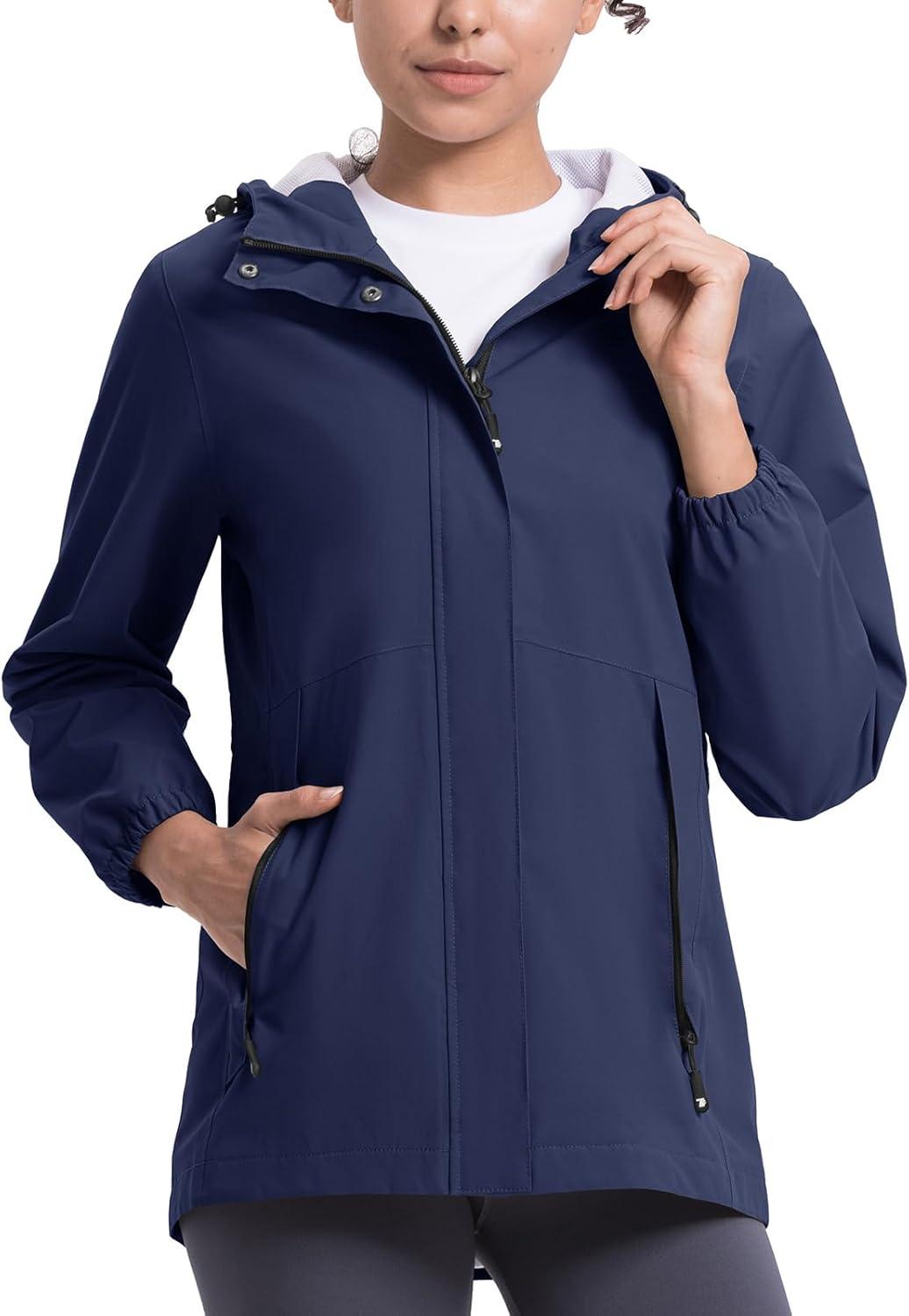 imageTBMPOY Womens Lightweight Rain Long Jackets Packable with Hooded Outdoor Hiking Waterproof Windbreaker Raincoats TravelNavy Blue