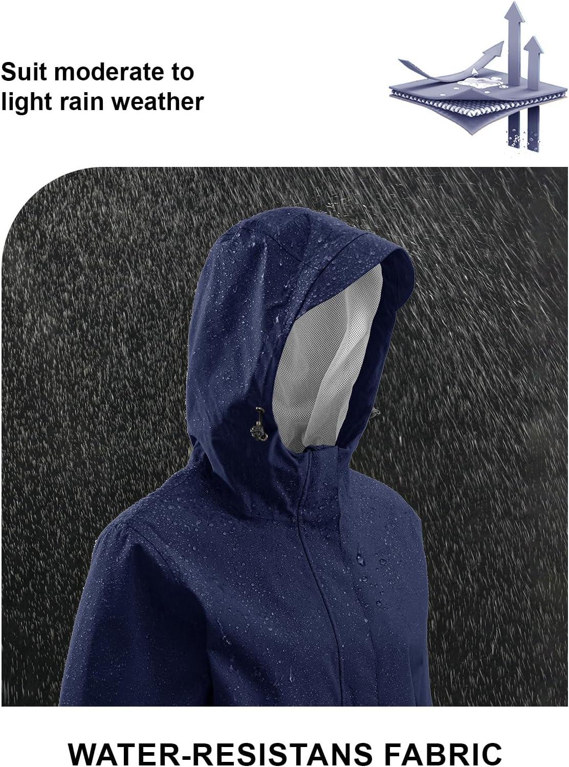 imageTBMPOY Womens Lightweight Rain Long Jackets Packable with Hooded Outdoor Hiking Waterproof Windbreaker Raincoats TravelNavy Blue