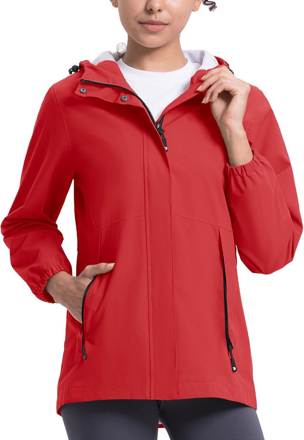 imageTBMPOY Womens Lightweight Rain Long Jackets Packable with Hooded Outdoor Hiking Waterproof Windbreaker Raincoats TravelRed