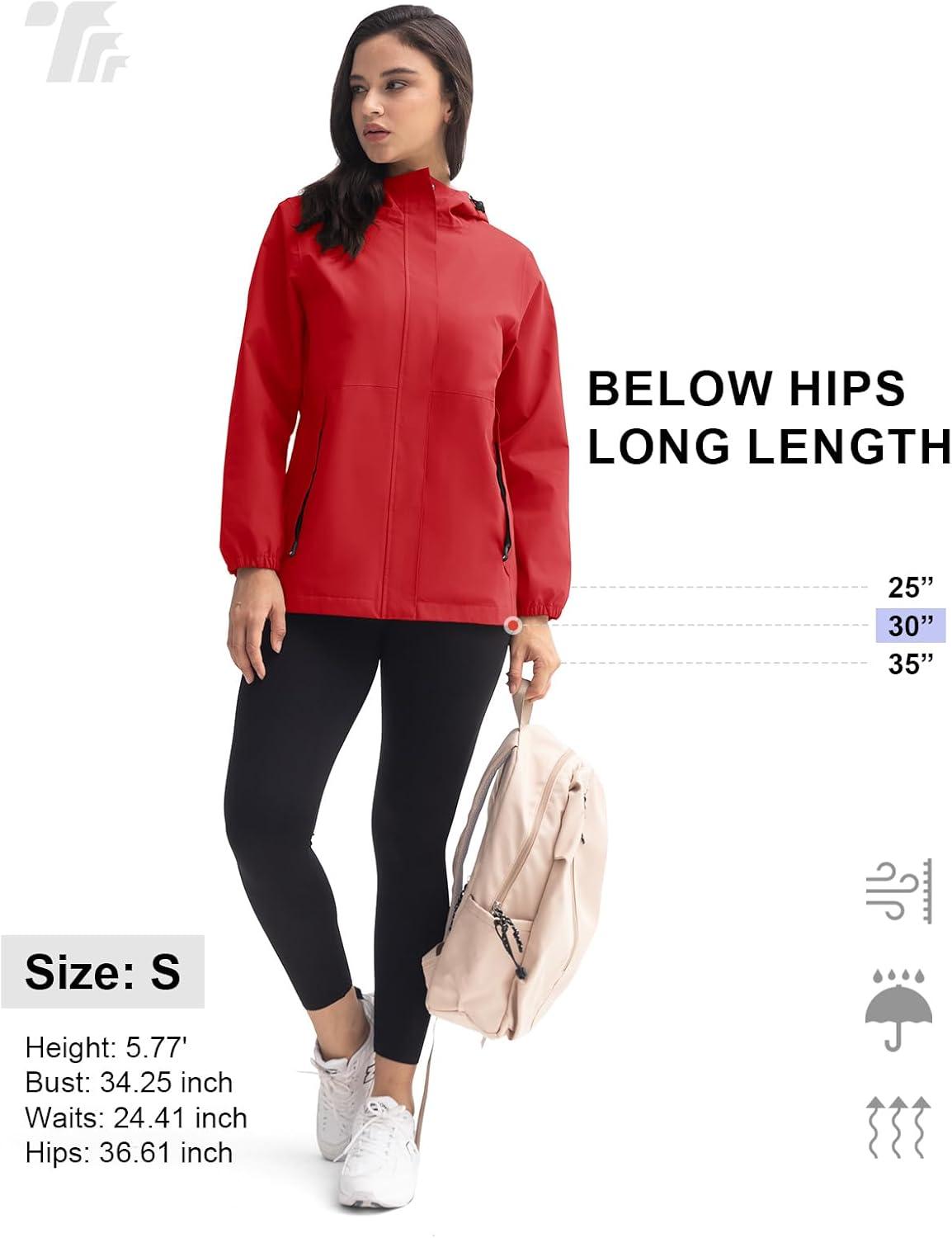 imageTBMPOY Womens Lightweight Rain Long Jackets Packable with Hooded Outdoor Hiking Waterproof Windbreaker Raincoats TravelRed