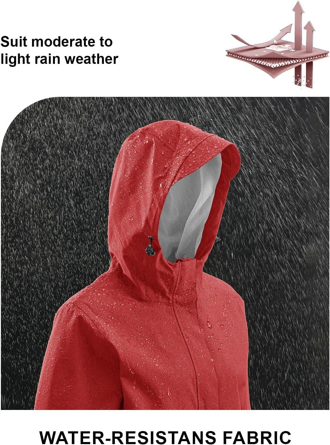 imageTBMPOY Womens Lightweight Rain Long Jackets Packable with Hooded Outdoor Hiking Waterproof Windbreaker Raincoats TravelRed