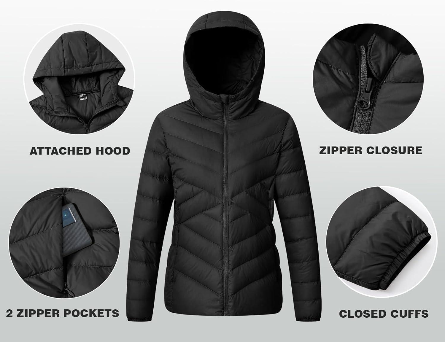 imageTBMPOY Womens Packable Down Jacket Lightweight Winter Puffer Jacket Hooded Warm Coat Waterproof Quilted Thermal JacketsBlack