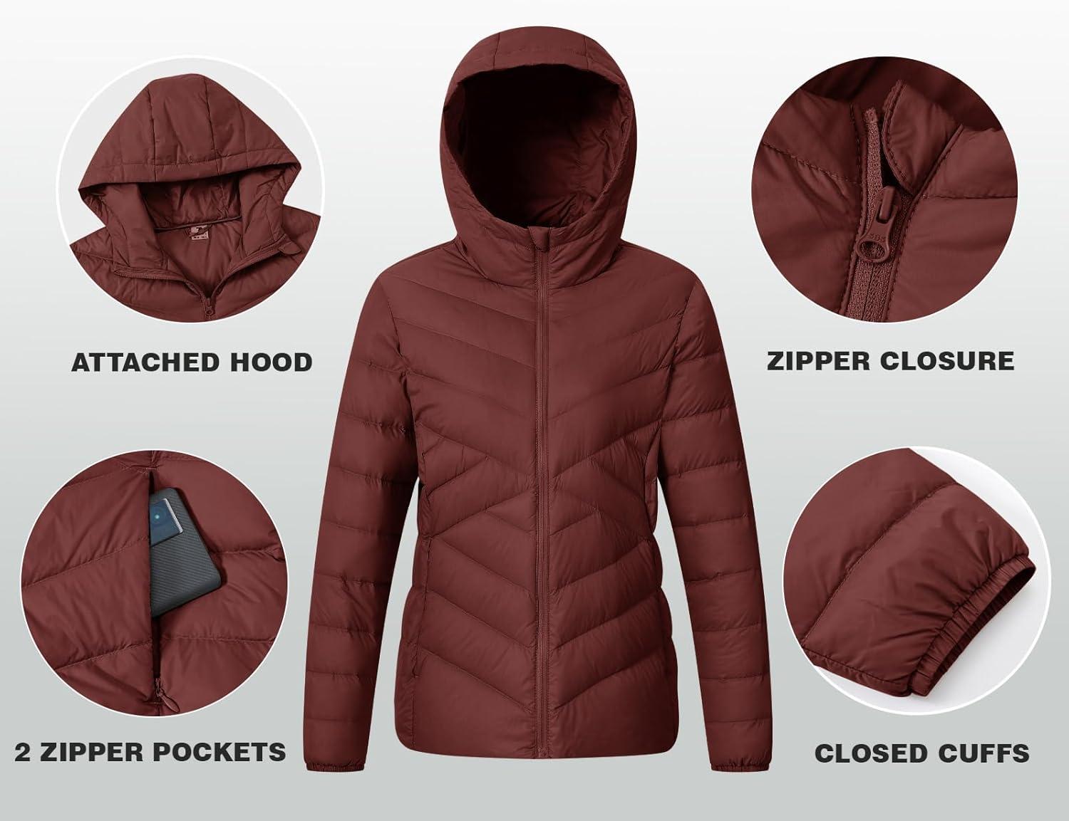 imageTBMPOY Womens Packable Down Jacket Lightweight Winter Puffer Jacket Hooded Warm Coat Waterproof Quilted Thermal JacketsWine Red