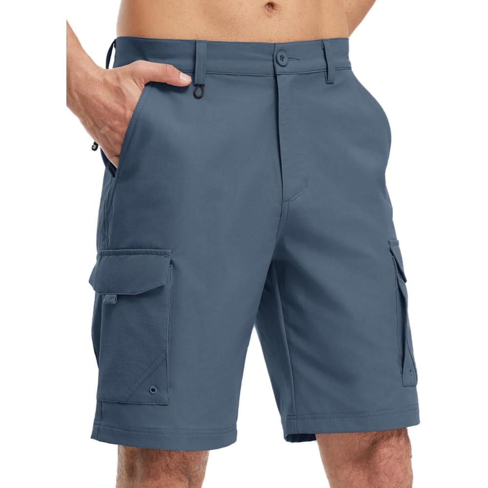 imageTBMPOY Mens Hiking Cargo Shorts 9quot Quick Dry Stretch Work Golf Shorts Outdoor 5 Pockets Elastic Waist for Travel CasualDenim Blue