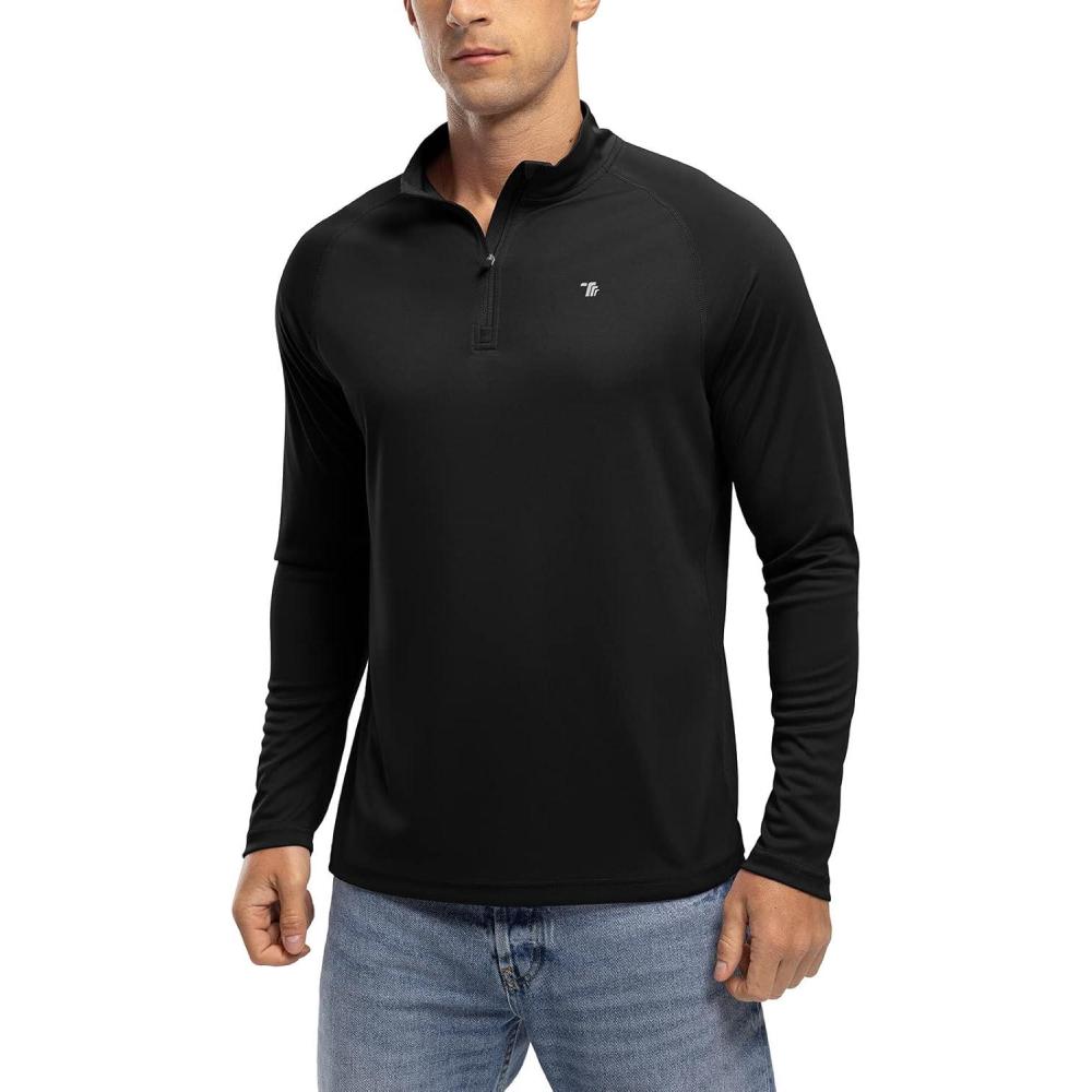 imageTBMPOY Mens Hiking Shirts 14 Zip Running Sun Protection Pullover Long Sleeve UPF 50 Lightweight Fishing Rash GuardBlack1