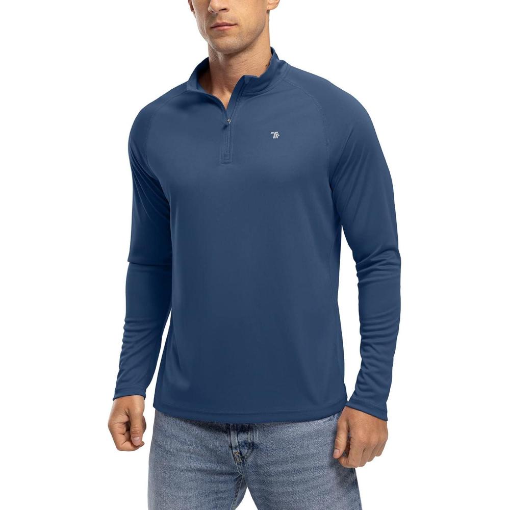 imageTBMPOY Mens Hiking Shirts 14 Zip Running Sun Protection Pullover Long Sleeve UPF 50 Lightweight Fishing Rash GuardBlue Grey1