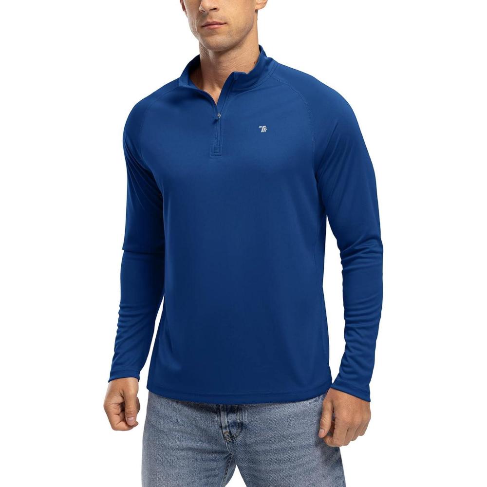 imageTBMPOY Mens Hiking Shirts 14 Zip Running Sun Protection Pullover Long Sleeve UPF 50 Lightweight Fishing Rash GuardDark Blue1