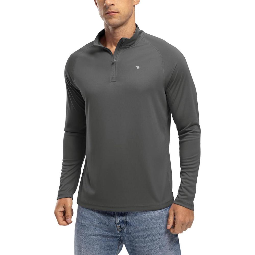 imageTBMPOY Mens Hiking Shirts 14 Zip Running Sun Protection Pullover Long Sleeve UPF 50 Lightweight Fishing Rash GuardDark Grey1