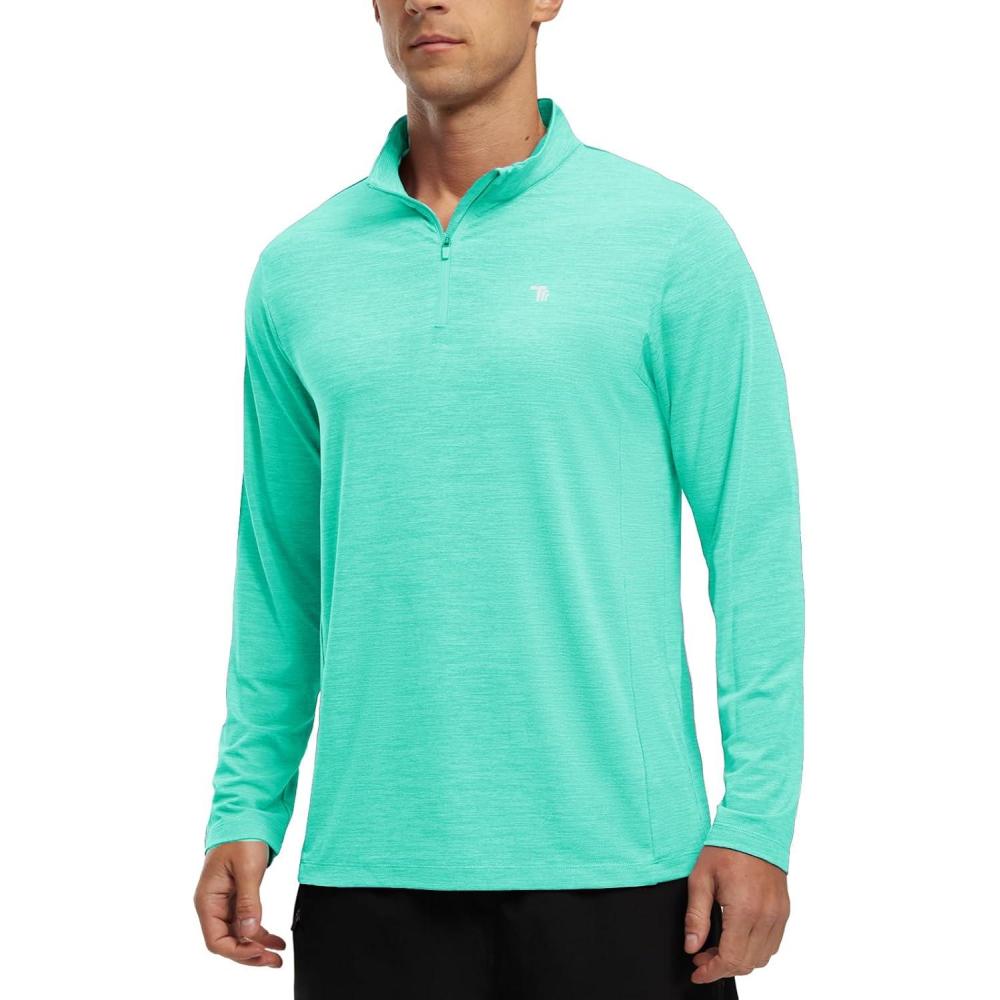 imageTBMPOY Mens Hiking Shirts 14 Zip Running Sun Protection Pullover Long Sleeve UPF 50 Lightweight Fishing Rash GuardEmerald Green