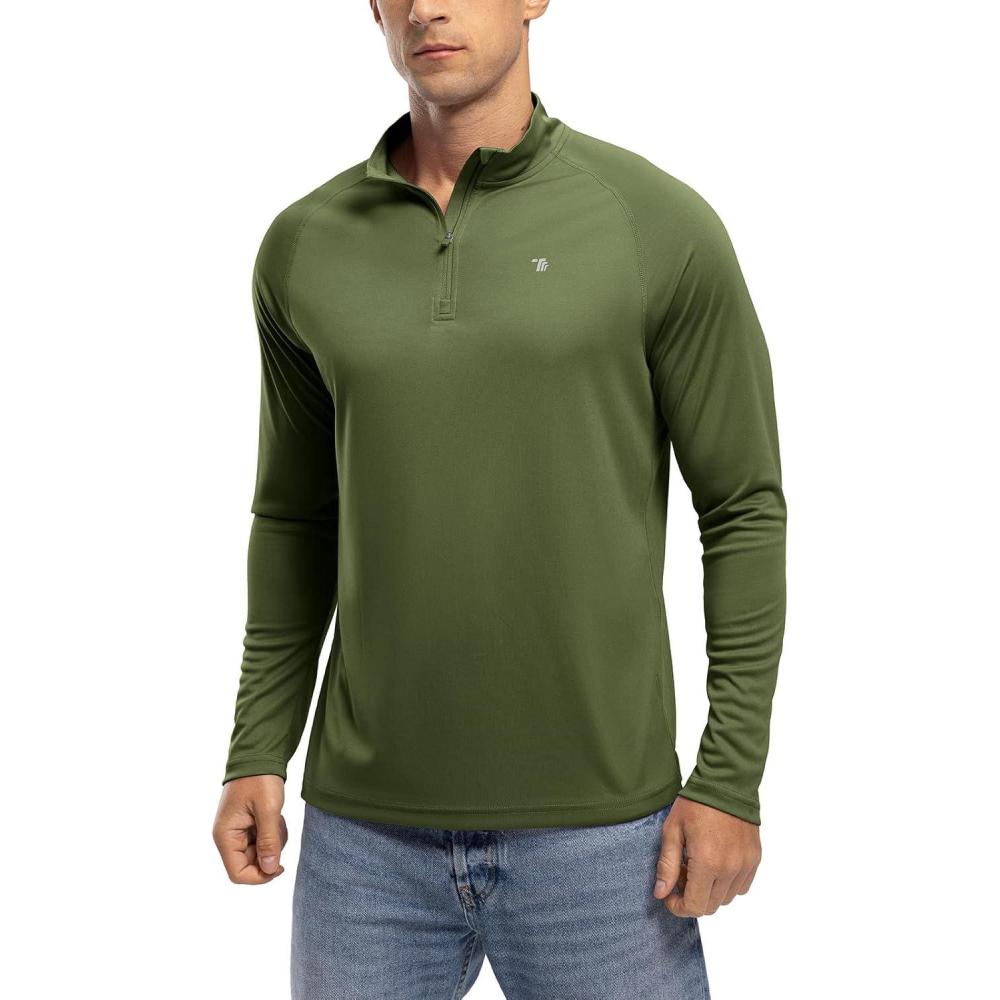 imageTBMPOY Mens Hiking Shirts 14 Zip Running Sun Protection Pullover Long Sleeve UPF 50 Lightweight Fishing Rash GuardGreen1