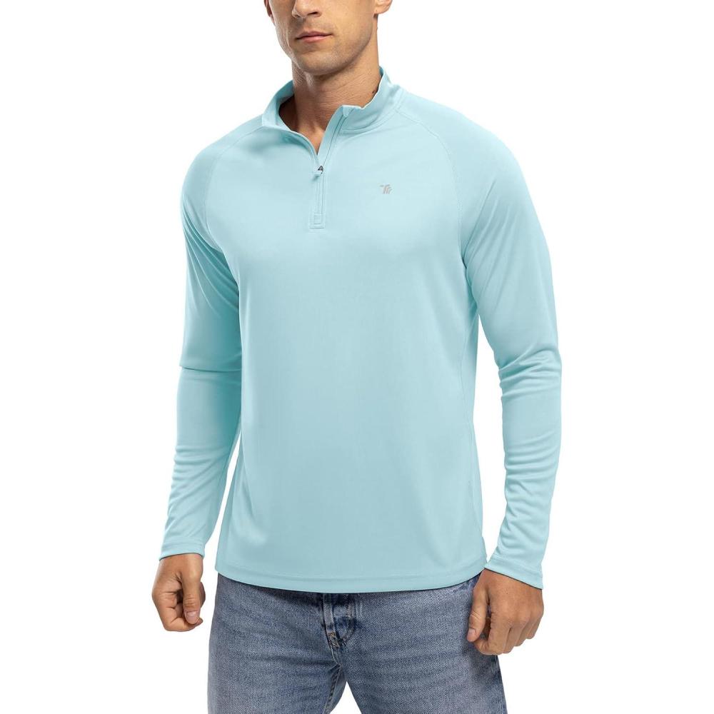 imageTBMPOY Mens Hiking Shirts 14 Zip Running Sun Protection Pullover Long Sleeve UPF 50 Lightweight Fishing Rash GuardLight Blue1