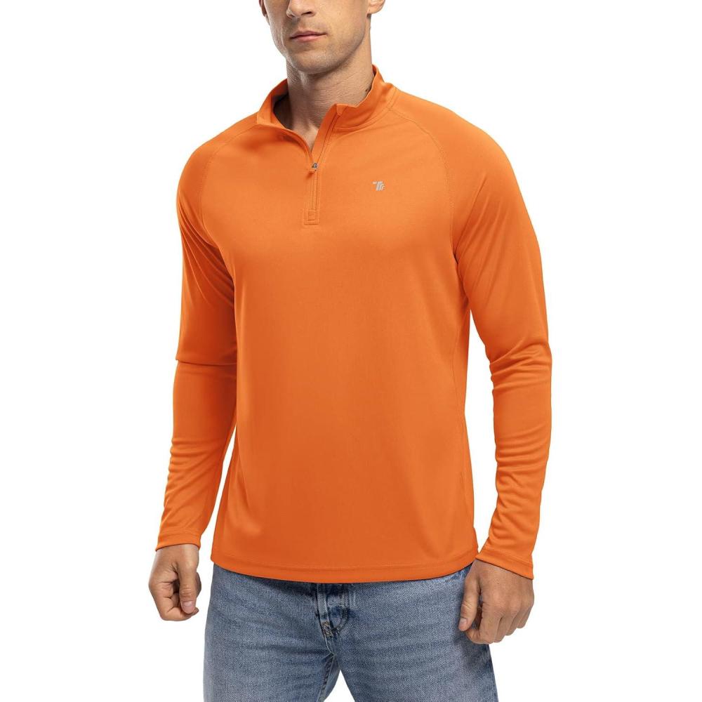 imageTBMPOY Mens Hiking Shirts 14 Zip Running Sun Protection Pullover Long Sleeve UPF 50 Lightweight Fishing Rash GuardOrange1