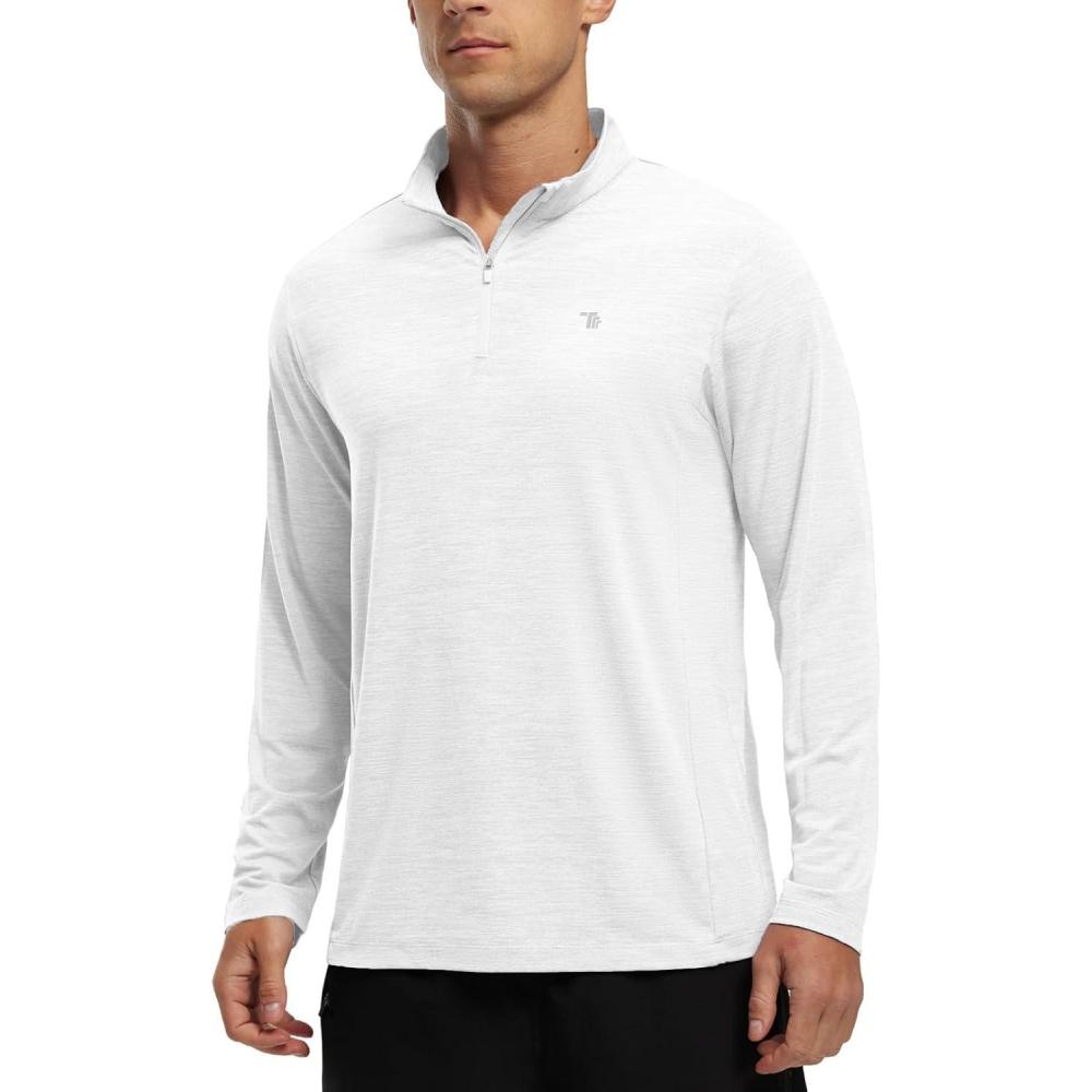 imageTBMPOY Mens Hiking Shirts 14 Zip Running Sun Protection Pullover Long Sleeve UPF 50 Lightweight Fishing Rash GuardWhite