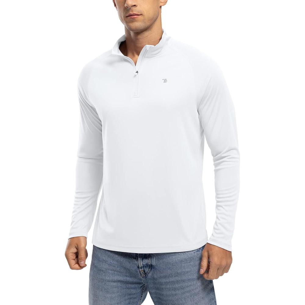 imageTBMPOY Mens Hiking Shirts 14 Zip Running Sun Protection Pullover Long Sleeve UPF 50 Lightweight Fishing Rash GuardWhite1