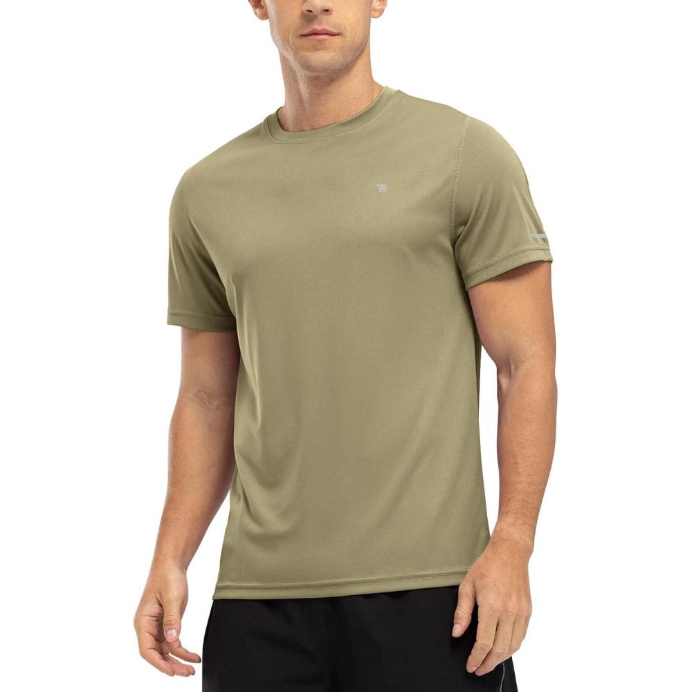 imageTBMPOY Mens Hiking Shirts Short Sleeve Athletic Dry Fit Waterproof Shirts Running Gym Active Performance T Shirts Khaki XL