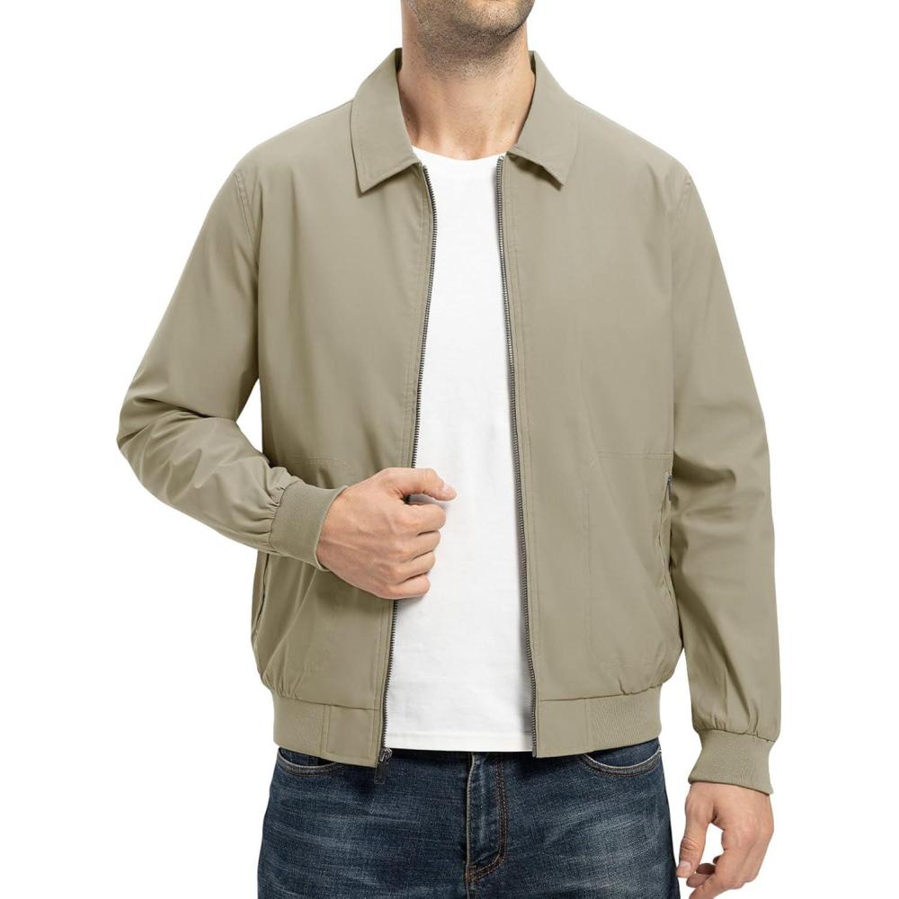 imageTBMPOY Mens Lightweight Jackets Casual Stylish Windbreakers for Men Light Track Jacket Laydown Collar Fall Golf CoatsKhaki