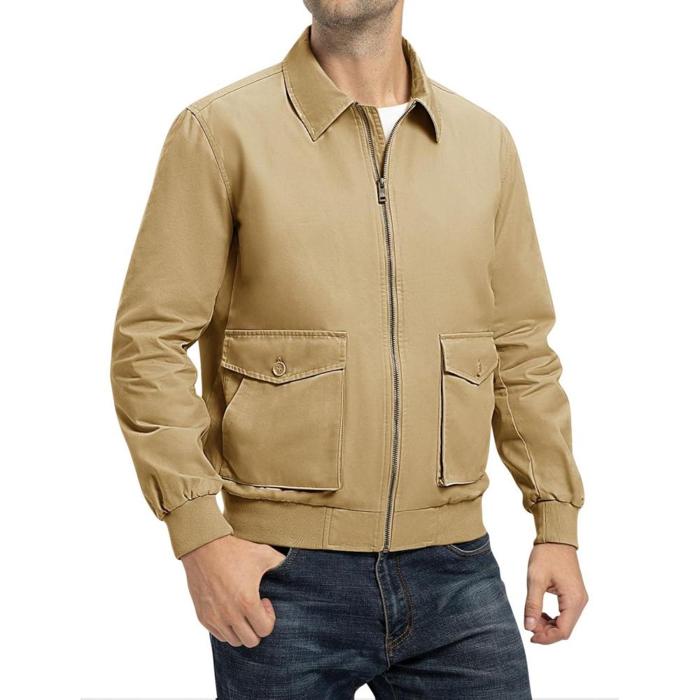 imageTBMPOY Mens Work Jackets Cotton Fall Coats Full Zip Warm Windbreaker Spring Collar Jacket Casual Work OutwearDark Khakilight