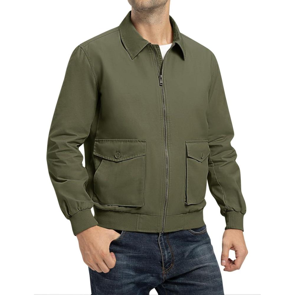 imageTBMPOY Mens Work Jackets Cotton Fall Coats Full Zip Warm Windbreaker Spring Collar Jacket Casual Work OutwearGreenlight