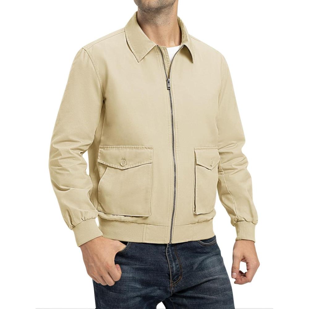 imageTBMPOY Mens Work Jackets Cotton Fall Coats Full Zip Warm Windbreaker Spring Collar Jacket Casual Work OutwearLight Khakilight