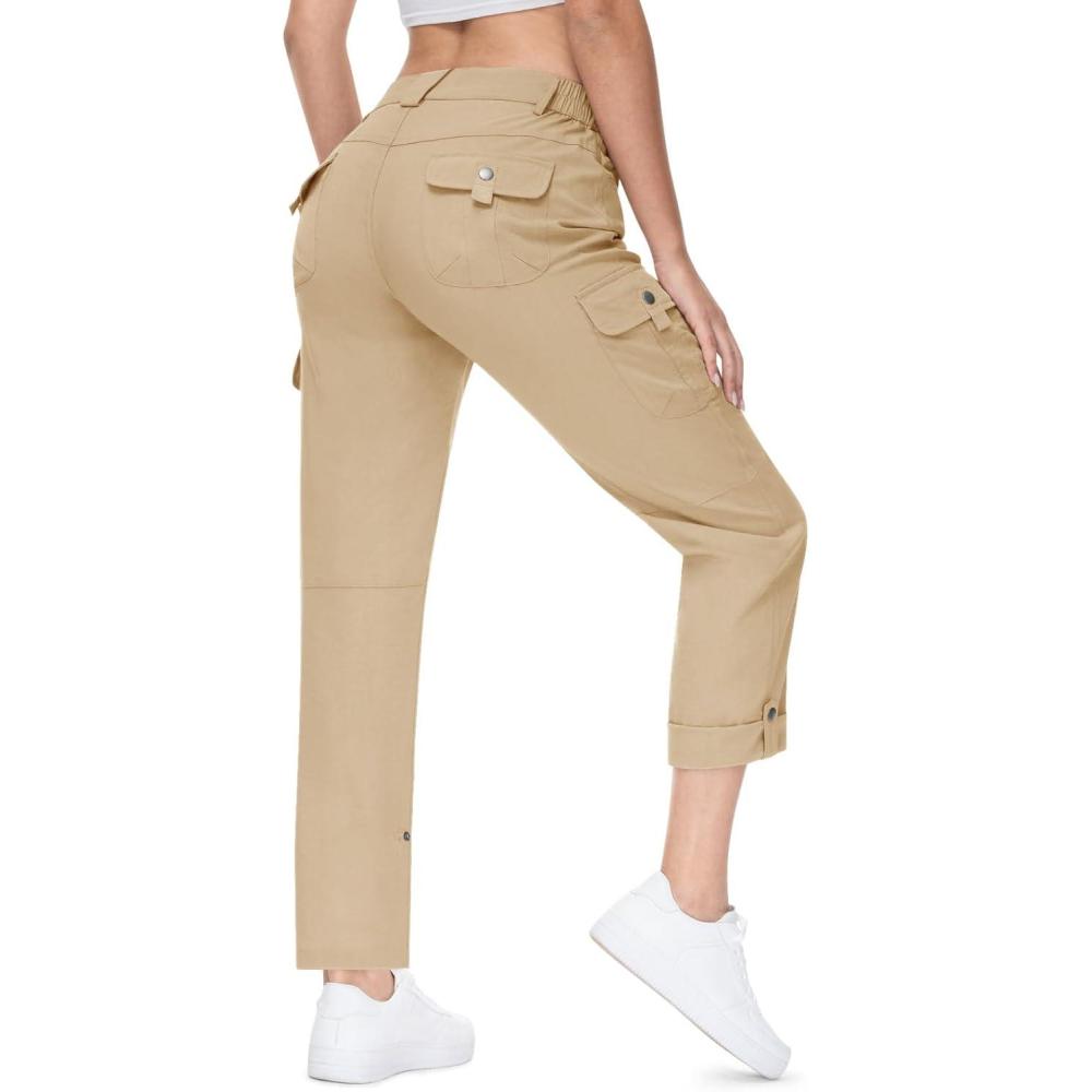 imageTBMPOY Womens Hiking Pants Quick Dry Convertible Lightweight Roll Up Cargo Pockets Travel Essentials Waterproof WorkKhaki